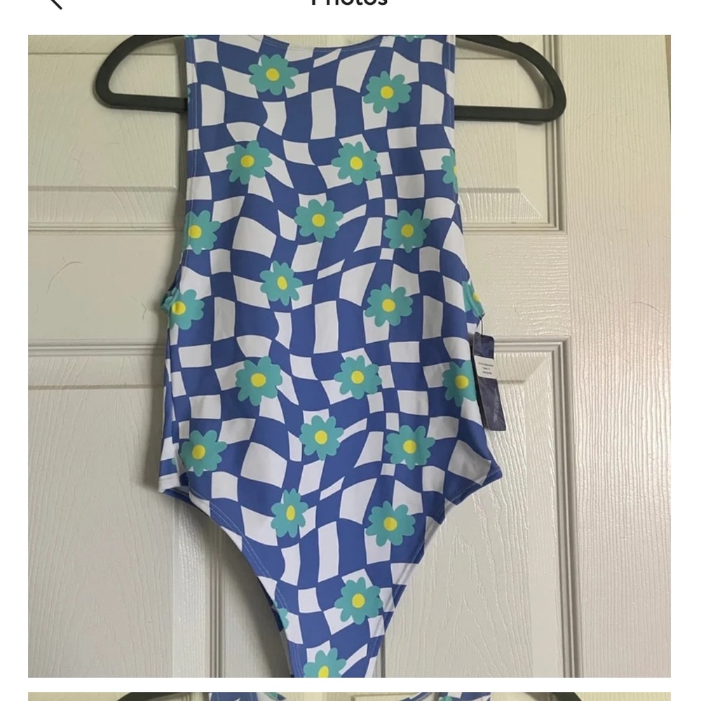 Freedom rave wear bodysuit and arm bands blue checked with aqua & yellow flowers